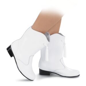 model wearing white styleplus majorette boots with black sole