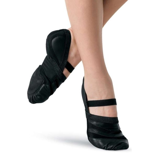 Model detail of Black Capezio Freeform Dance Shoes, front and back three-quarters view