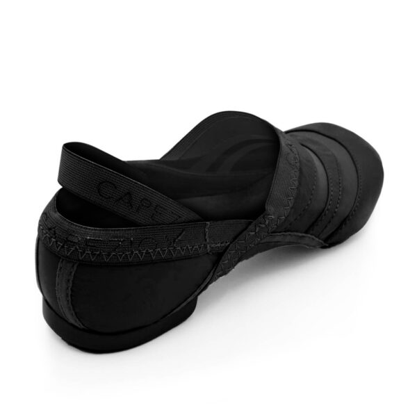 Black capezio jazz dance shoe, back right three-quarters view