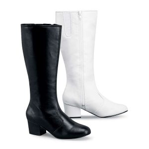 Black and white StylePlus Nancy Pintuck Majorette Boots, side views
