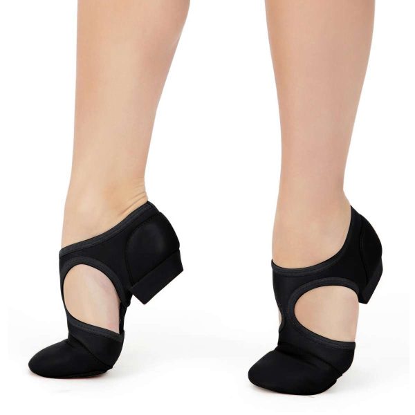 Model detail of black Capezio Pedini Femme Dance Shoes, front three-quarters and side views