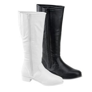 Black and White Gotham Dallas Knee High Majorette Boots, front three-quarters view