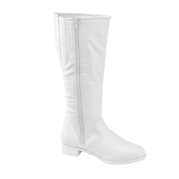 White Gotham Dallas Knee High Majorette Boot with White Sole, front three-quarters view