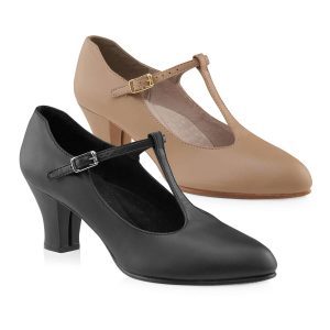 Tan and black Capezio Jr. Footlight T-Strap Character Shoe, side view