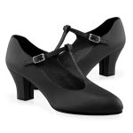 model wearing black Capezio Jr. Footlight T-Strap Character Shoes
