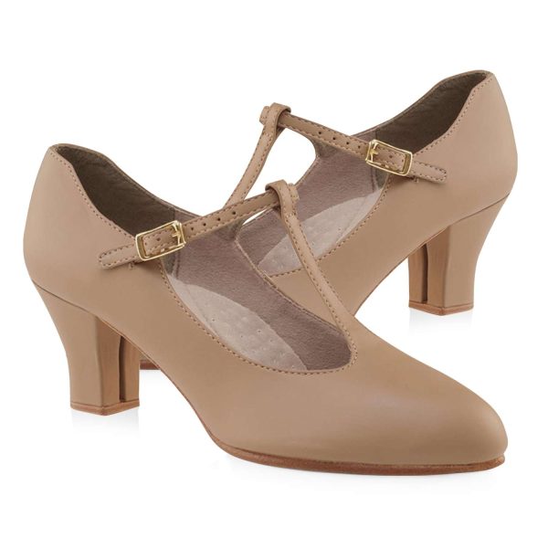 Tan Capezio Jr. Footlight T-Strap Character Shoe, left and right sides