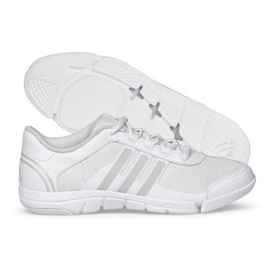 White Adidas Triple Cheerleading Shoe, side view with sole