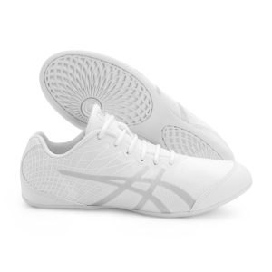 White Asics Gel-Ultralyte 2 Cheerleading Shoe, side view with sole