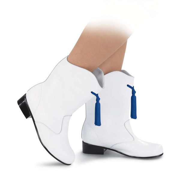 closeup of majorette in boots with royal blue Majorette Boot Tassels