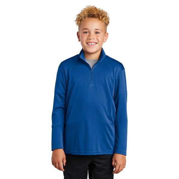 Child smiling in a royal Sport-Tek Posicharge Competitor 1/4 Zip Pullover, front view