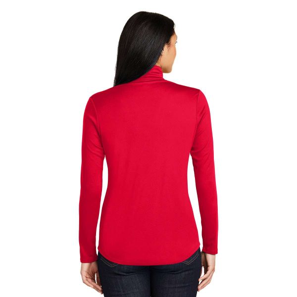 Female model in Sport-Tek Posicharge Competitor 1/4 Zip Pullover, back view