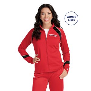 Smiling model in Champion Nova Warm Up Jacket with coordinating pants, front view