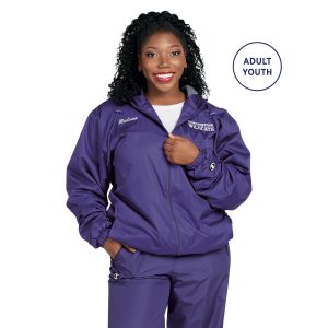 woman in a Champion Stadium Hooded Jacket with coordinating pants, front view