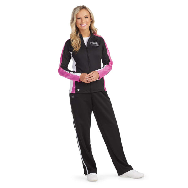 Model wearing Champion Break Out Warm Up Pants with coordinating pants, front view