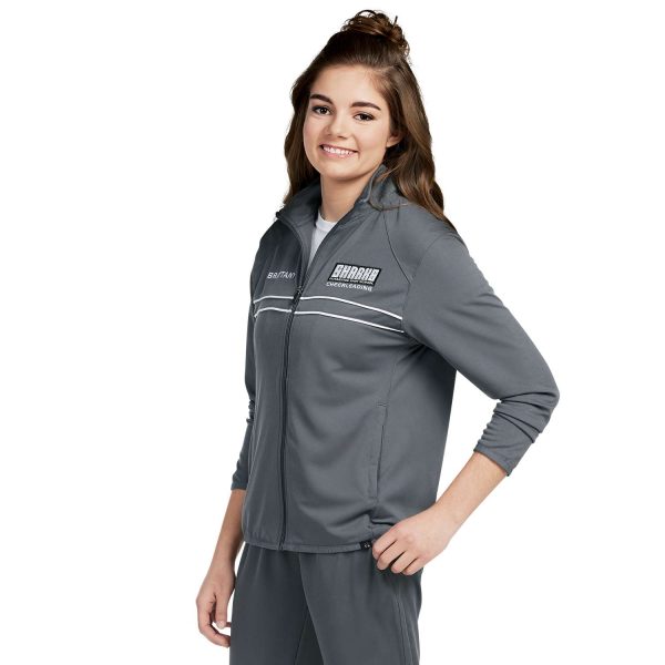 Model Wearing a Women's Grey Badger Wired Outer-Core Warm Up Jacket, front three-quarters view