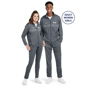 Male a female models wearing Grey Badger Outer Core Warmup Pant, front view
