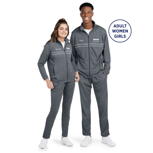 Male a female models wearing Grey Badger Outer Core Warmup Pant, front view