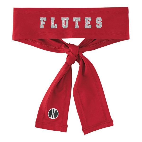 Red Holloway Zoom Tie Back Headband with decoration that reads Flutes, front view