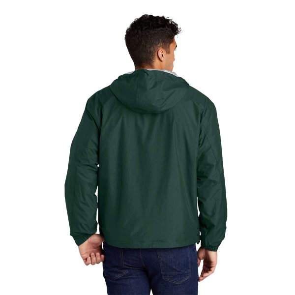 model in a Port Authority Team Jacket, back view