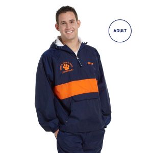 Male model posing in a decorated orange/navy Charles River Classic Striped Pullover, front view