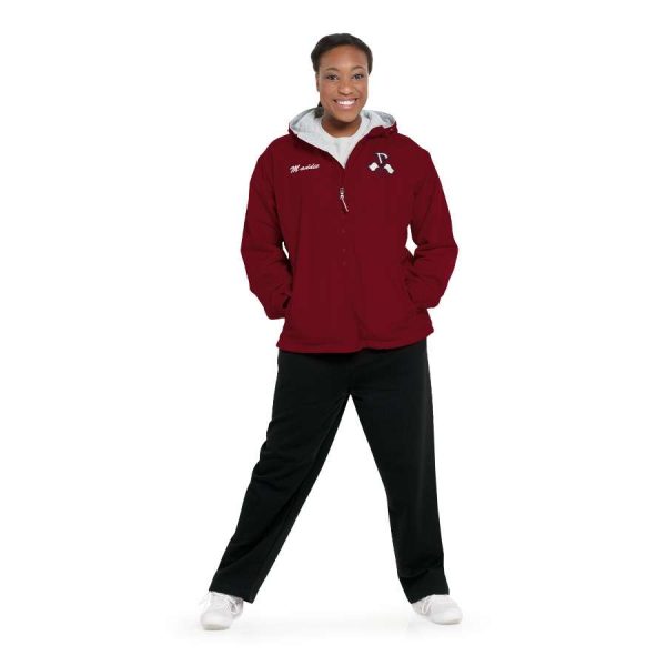 Model wearing a decorated maroon Charles River Enterprise Jacket, front view