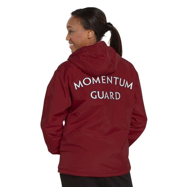 Model wearing a decorated maroon Charles River Enterprise Jacket, back view