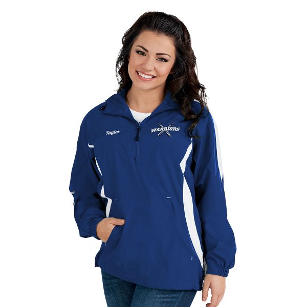 blue warmup jacket with a female model, front