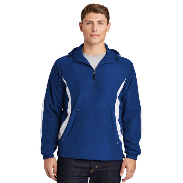 blue warmup jacket with a male model, front