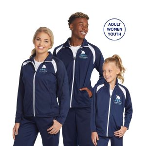 Models in Navy/White Sport-Tek Tricot Track Jackets and coordinating pants, front view
