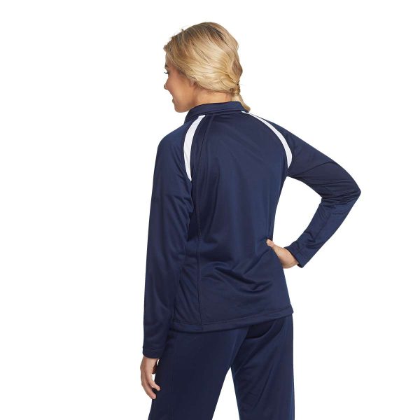 Model wearing a Navy/White Sport-Tek Tricot Track Jacket, back View