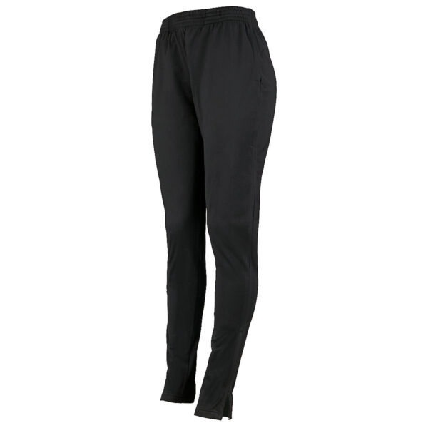 ladies black Augusta tapered leg pants, left front three-quarters view