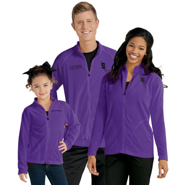 three models, male female, and child, wear purple fleece athletic jackets, front view