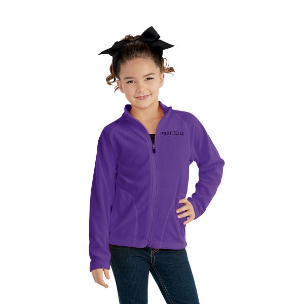 youth model wearing a purple fleece athletic jacket, front view