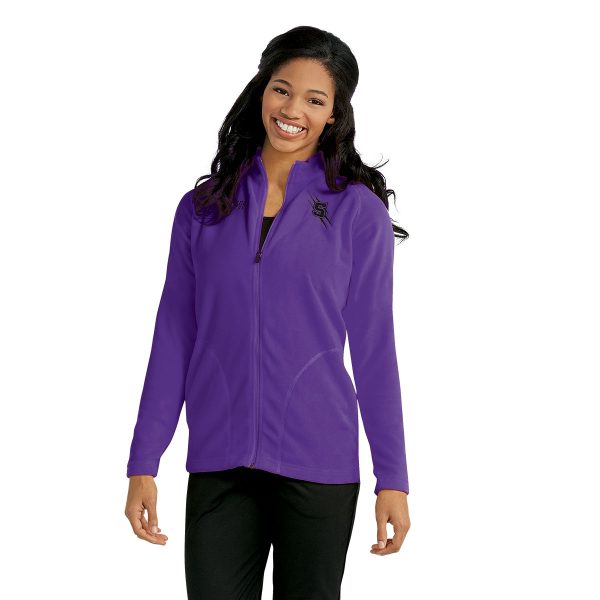 female model wearing a purple fleece athletic jacket, front view