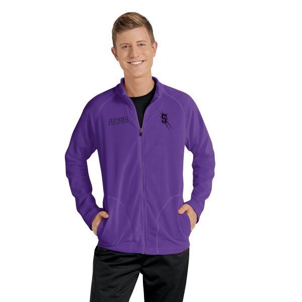 male model wearing a purple fleece athletic jacket, front view