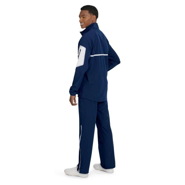 Model standing in a Navy/White Holloway Weld Jacket with coordinating pants, back three-quarters view