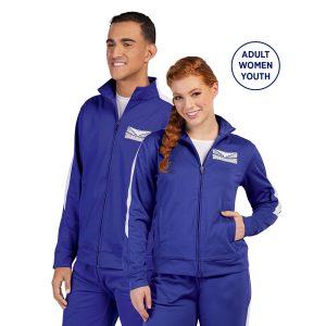 Male and female models wearing a Purple/White Augusta Medalist 2.0 Jacket and coordinating pants, front three-quarters view