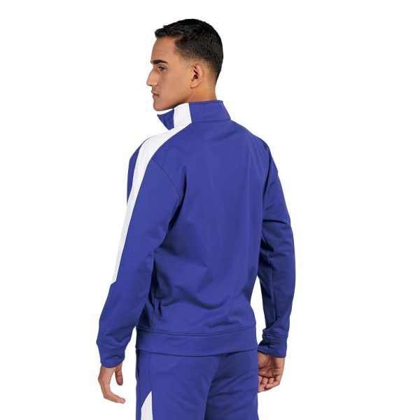 Male model wearing a Purple/White Augusta Medalist 2.0 Jacket and coordinating pants, back view