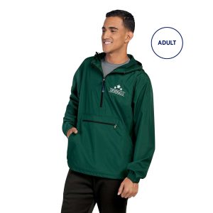 Male model in a green Charles River Pack-N-Go Pullover, front view