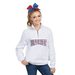 Cheerleader wear a decorated White Charles River Crosswind Quarter Zip Sweatshirt, front view
