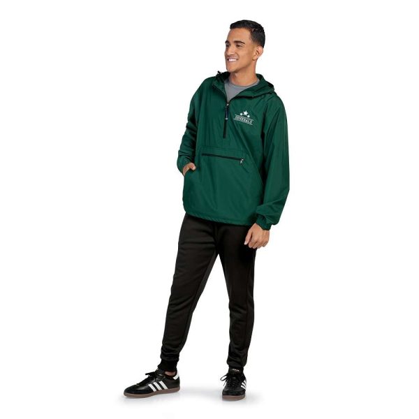 Model smiling in Pennant Performance Jogger Pants and a green quarter-zip jacket, front three-quarters view