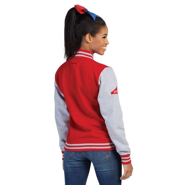 Smiling model wearing a red/grey AWDis Letterman Jacket, back view