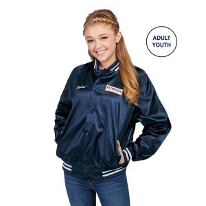 Smiling model in a navy Augusta Satin Baseball Jacket, front view