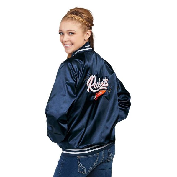 Smiling model in a navy Augusta Satin Baseball Jacket, back three-quarters view