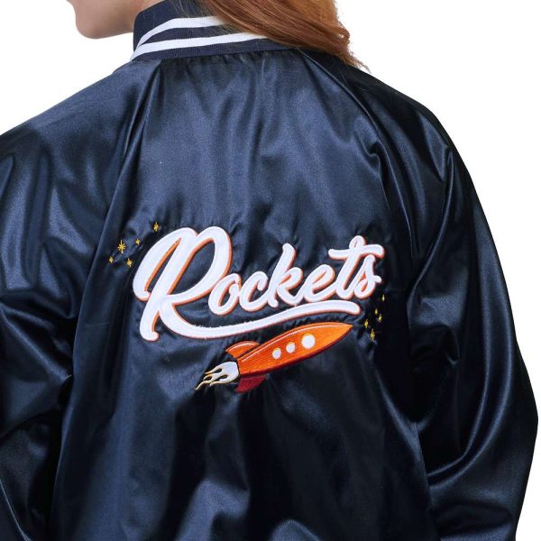Back detail of Augusta Satin Baseball Jacket Decoration that reads Rockets