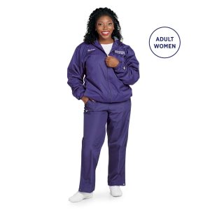Female model standing in Purple Champion Trailblazer Warm Up Pants with coordinating jacket, Front View