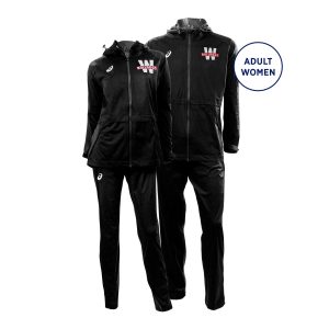men's and women's Asics Team Rain Pants with matching jackets, front view