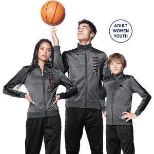 Male, Female, and youth models in Sport-Tek Tricot Track jackets with matching pants, front view