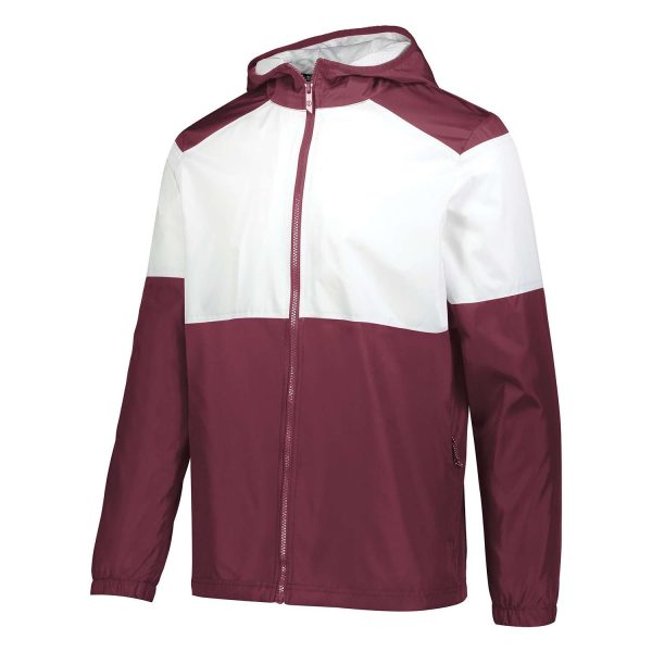 Mens maroon/white Holloway SeriesX Warm Up Jacket, front three-quarters view