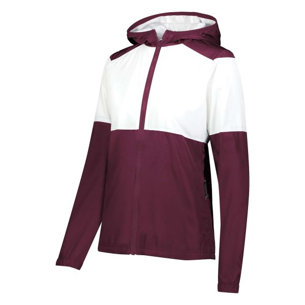 Ladies maroon/white Holloway SeriesX Warm Up Jacket, front three-quarters view